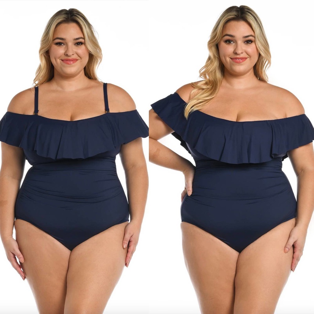 La Blanca Island Goddess Off Shoulder Ruffle One Piece Swimsuit Indigo 20W New